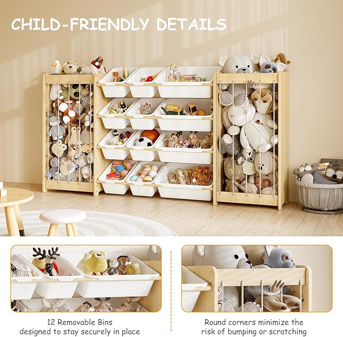 EXPERLAM Large Toy Storage Organizer, Wooden Stuffed Animal Storage & 12-Bins Toy Organizer, Double-Sided Plush Toy Holder Featuring Thicker Ropes, Space Save Playroom Nursery Bedroom Storage, White