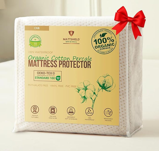 Deluxe Organic Cotton Percale Crib Mattress Protector Waterproof – OCS Certified - Premium 280 GSM Breathable Soft Baby Mattress Pad Cover, Fitted Standard 52 x 28