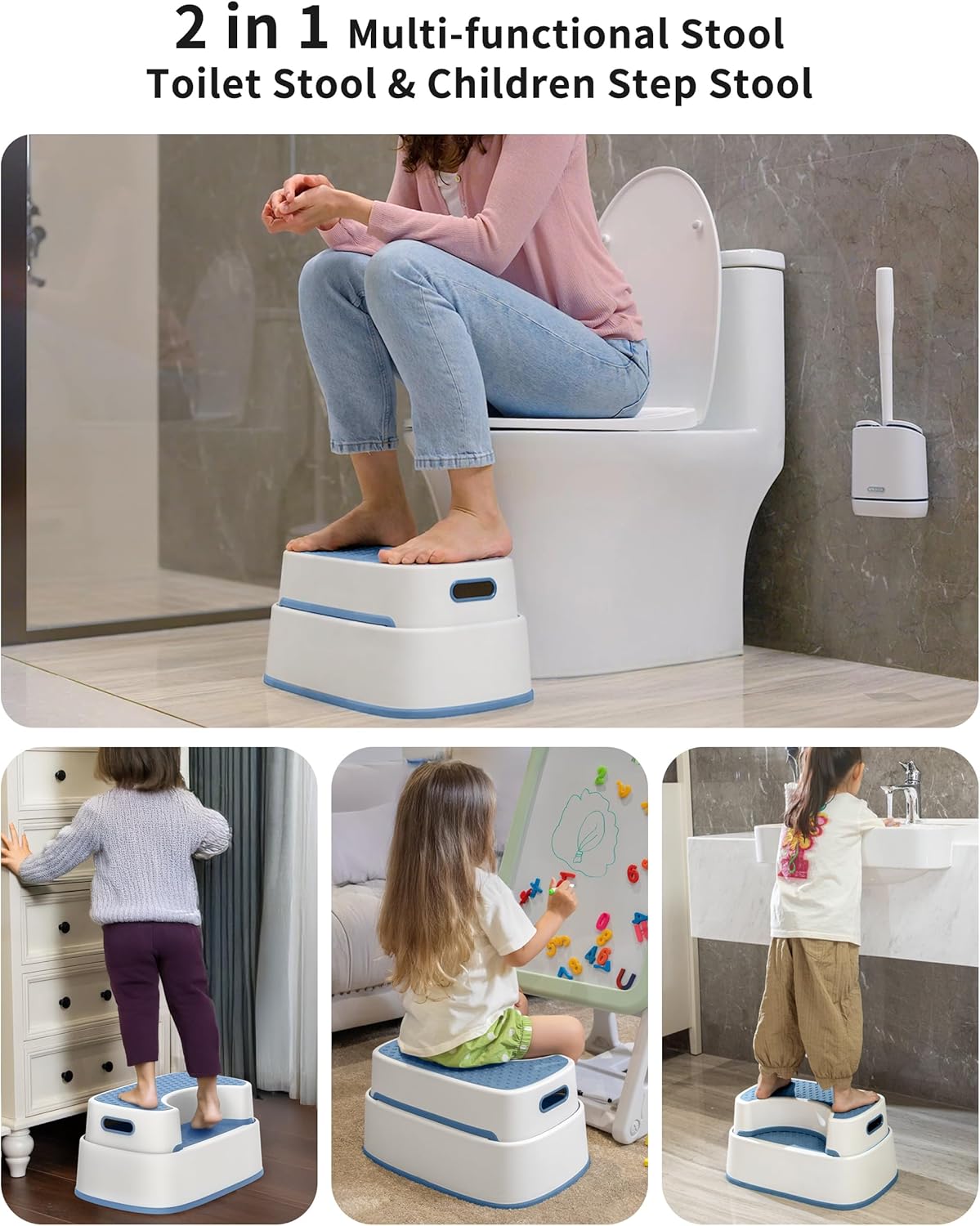 MR.SIGA Toilet Stool Squat Adult, Bathroom Stool Heavy Duty, Anti Slip Toilet Step for Bathroom, Toddler Step Stool for Kids, Off-White & Dark Gray