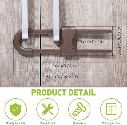 Jetec 10 Pieces Cabinet Locks for Babies, U-Shaped Proofing Drawers Safety Child Locks Adjustable, Easy to Use Childproof Latch for Knob Handle on Kitchen Door Storage Cupboard Closet (Brown)