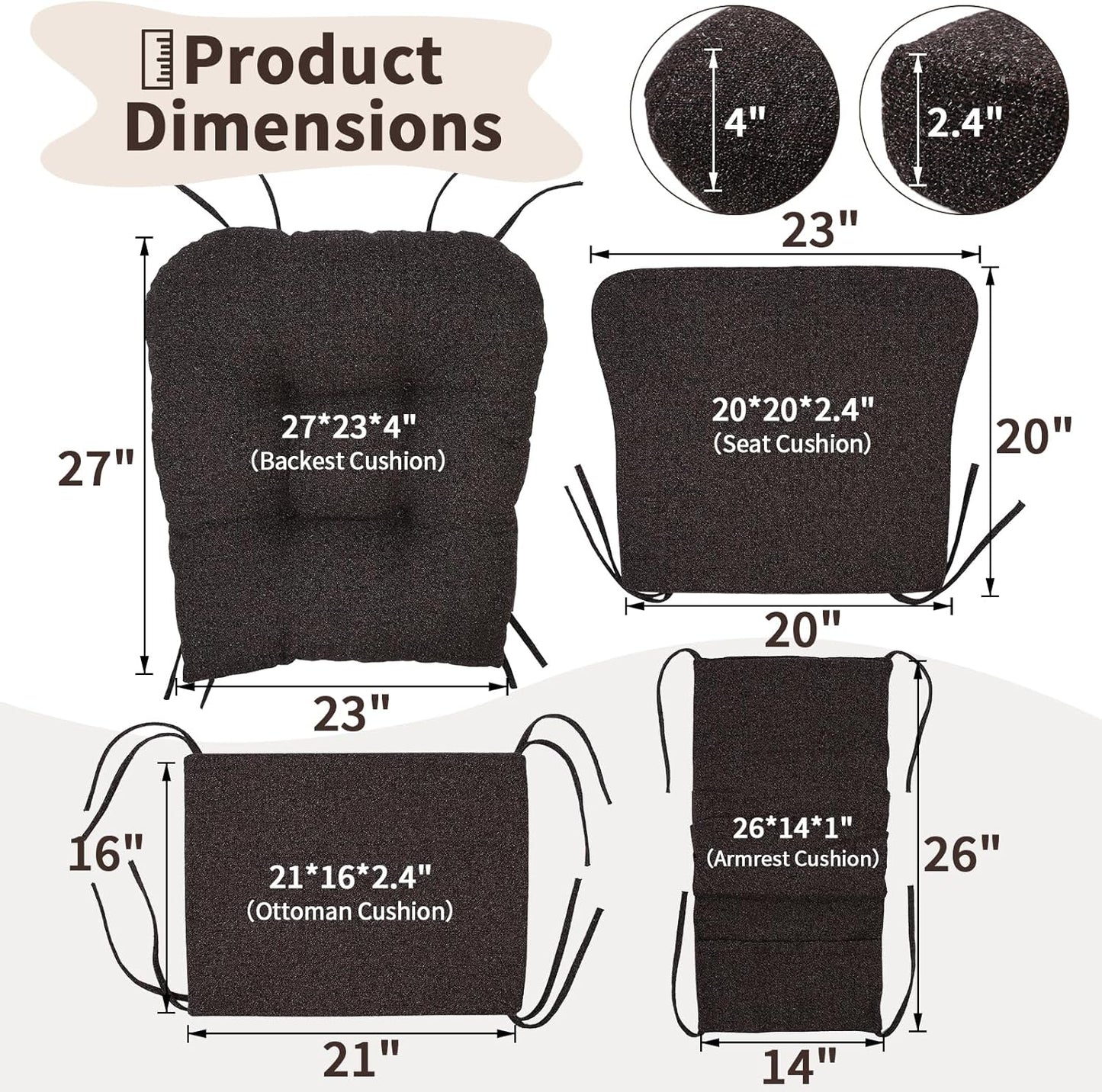 SINOSSO Glider Rocker Cushion Set (5 Pcs), Soft Blended Fabric High-Density Support Foam Seat Cushions with Ties, Fits Rocking Chair/Nursery Glider & Ottoman, Black-Gray