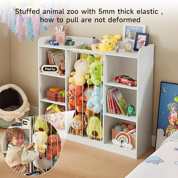 Toddler Stuffed Animal Zoo, Toy Storage Organizer for Playroom, Plush Toy Organizers and Storage, Book Shelf for Kids Rooms, Elastic Band Child Bookcase, Toy Shelf with 8 Storage Cubbies (White)