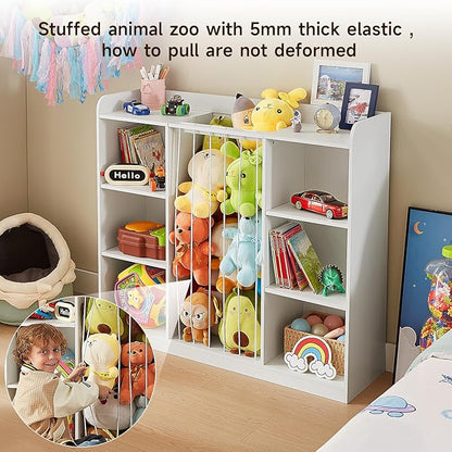 Toddler Stuffed Animal Zoo, Toy Storage Organizer for Playroom, Plush Toy Organizers and Storage, Book Shelf for Kids Rooms, Elastic Band Child Bookcase, Toy Shelf with 8 Storage Cubbies (White)