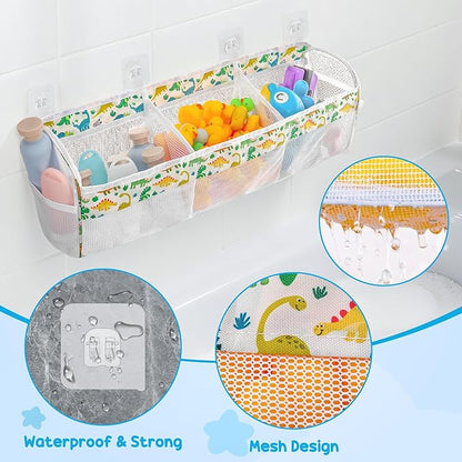 Dinosaur Bath Toy Storage Organizer, 3 Compartment Bath Toy Holder for tubs with Large Openings, Large Capacity & Quick-Drying Mesh - 4 Strong Adhesive Hooks for Easy Access