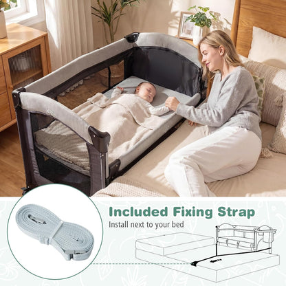 BABY JOY 5-in-1 Pack and Play, Baby Bedside Sleeper with Bassinet, Portable Baby Playard with U-Shaped Diaper Changer, Safety Strap, Multifunction Baby Bassinet Bedside Crib from Newborn to Toddlers