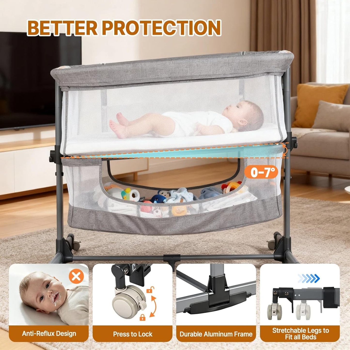 Baby Bassinet Bedside Sleeper, 3-in-1 Bedside Bassinet, 5 Height Adjustable Rocking Baby Crib, Breathable Full Mesh, Mosquito Net, Storage Basket, Stable and Secure Bassinets for Newborn (Pink)