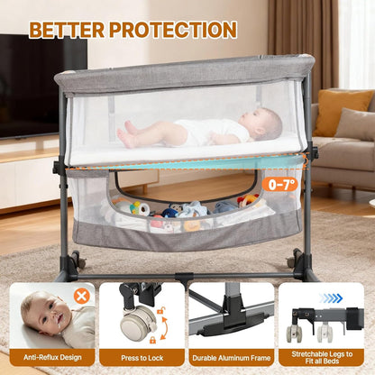 Baby Bassinet Bedside Sleeper, 3-in-1 Bedside Bassinet, 5 Height Adjustable Rocking Baby Crib, Breathable Full Mesh, Mosquito Net, Storage Basket, Stable and Secure Bassinets for Newborn (Pink)