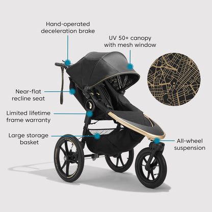 Baby Jogger Summit X3 3-Wheel Jogging Stroller with Hand Brake, Baby Stroller with One-Hand Compact Fold, All-Wheel Suspension for Running, Jogging, and Everyday Outings, Midnight Black