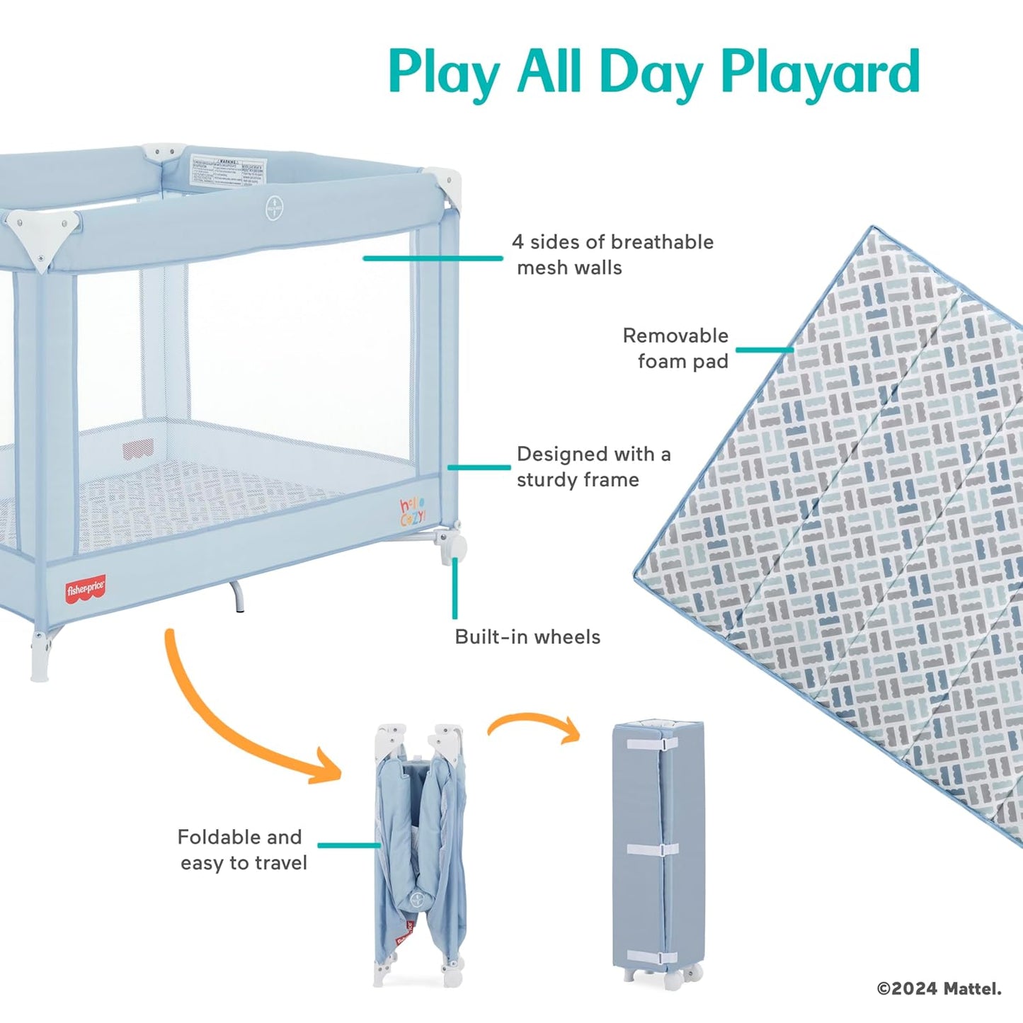 Dream On Me Fisher-Price Play All Day Portable Playard, ASTM Certified, Ideal for Babies & Toddler, One-Hand Fold, Breathable Mesh, Travel Playard with Carry Bag, Easy to Clean - Moonmist