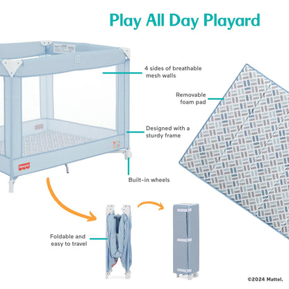 Dream On Me Fisher-Price Play All Day Portable Playard, ASTM Certified, Ideal for Babies & Toddler, One-Hand Fold, Breathable Mesh, Travel Playard with Carry Bag, Easy to Clean - Moonmist