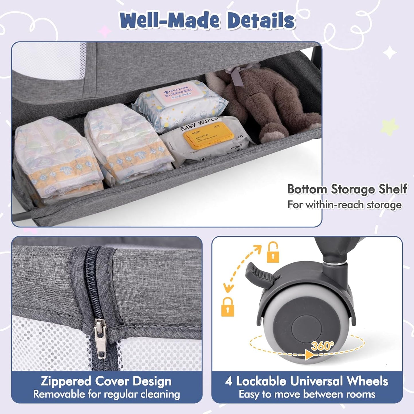 BABY JOY Bassinet, Bedside Crib w/ 6-Level Adjustable Height, Storage Shelf, Wheels, Mattress & Carry Bag for Safe Co-Sleeping, Folding Bassinet Bedside Sleeper for Newborn Infants (Gray)