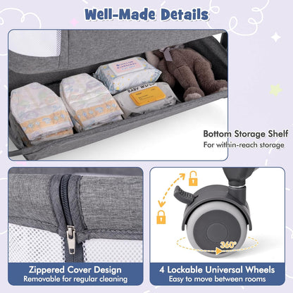 BABY JOY Bassinet, Bedside Crib w/ 6-Level Adjustable Height, Storage Shelf, Wheels, Mattress & Carry Bag for Safe Co-Sleeping, Folding Bassinet Bedside Sleeper for Newborn Infants (Gray)