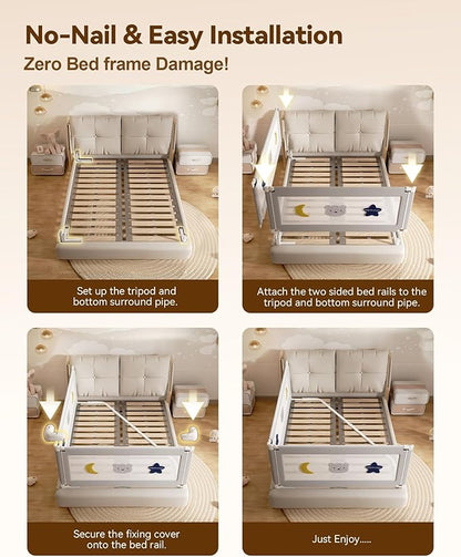2 Piece Full Size Bed Rails for Toddlers, No-Drill Needed Baby Bed Rail Guard with Height Adjustable, Thickened Child Safety Side Railing Guards/Bedrail for Kids,Grey Star Design, 54x74.8Inches