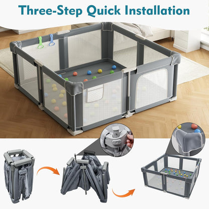 Foldable Playpen for Babies and Toddlers, 51" Portable Play Pen with Mat and Ocean Balls, Play Yard with with Visible Mesh for Inddor and Outdoor, No Assembly Required, Dark Gray