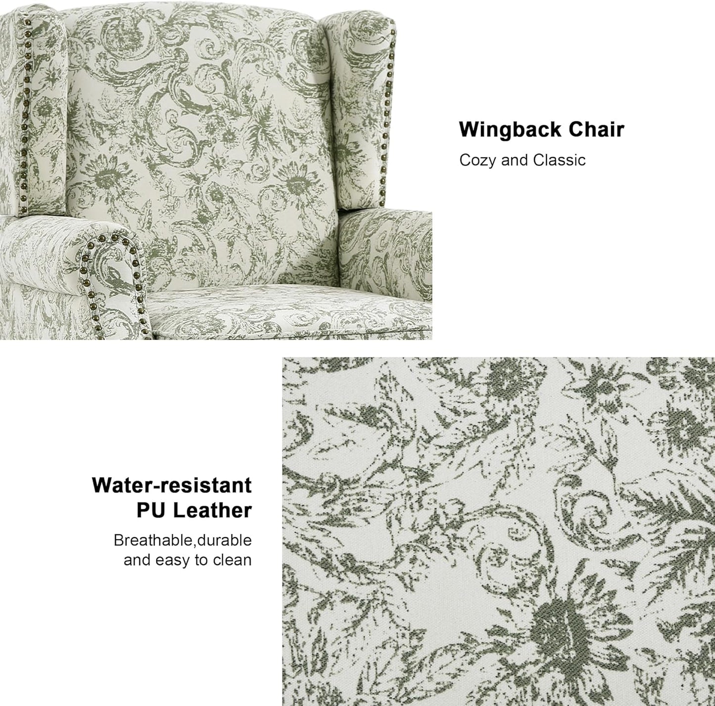 Swivel Rocker Recliner Chair, Manual Nursery Glider Recliner, Floral Fabric Wingback Accent Chair with Adjustable Backrest & Footrest for Small Spaces Living Room Bedroom (Plants Floral, Set of 1)