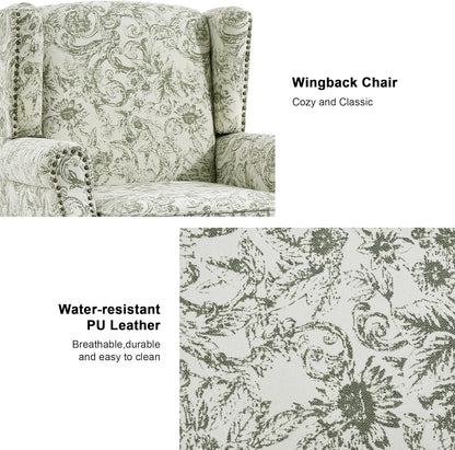 Swivel Rocker Recliner Chair, Manual Nursery Glider Recliner, Floral Fabric Wingback Accent Chair with Adjustable Backrest & Footrest for Small Spaces Living Room Bedroom (Plants Floral, Set of 1)