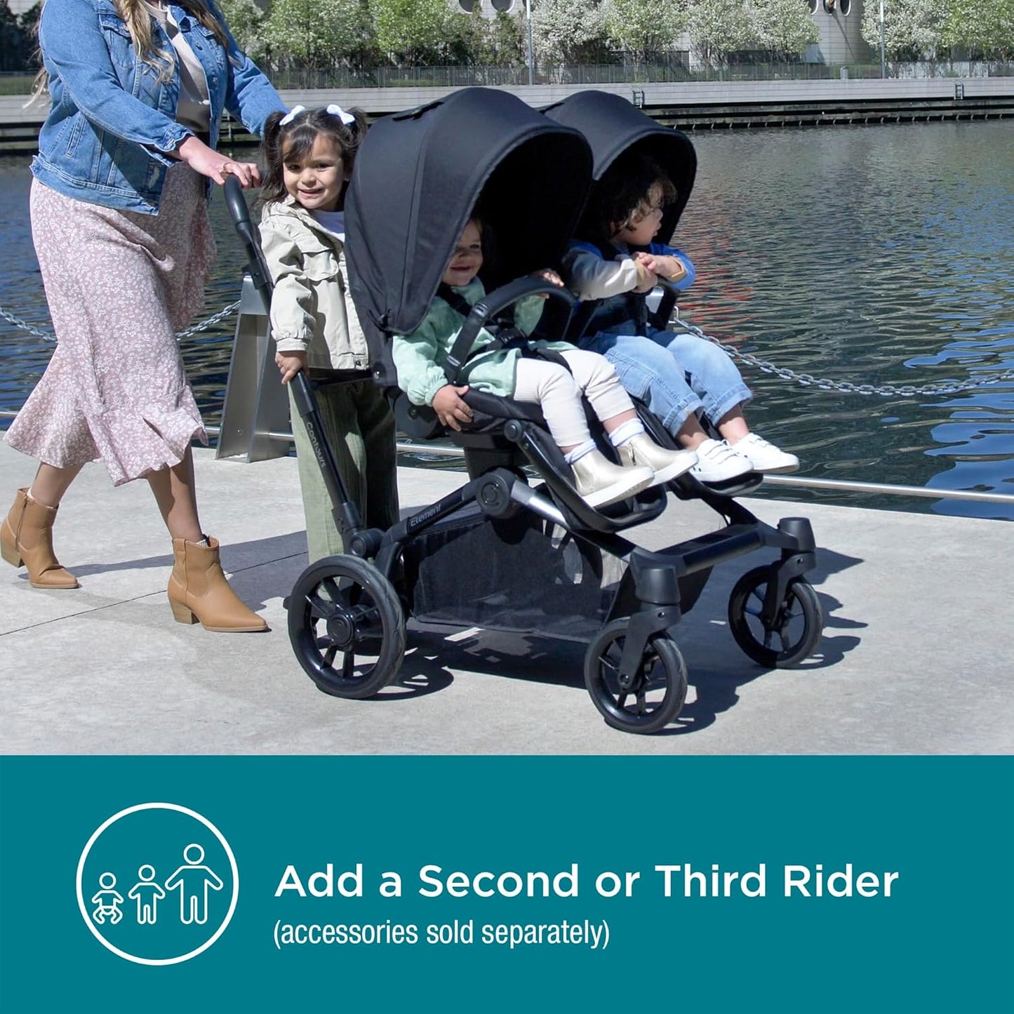 Contours Element Side-by-Side Convertible Toddler and Baby Stroller Single-to-Double, Reversible Seating Options, Infant Seat Compatible, Spacious Storage, UPF 50 Sun Canopy - Stealth Black
