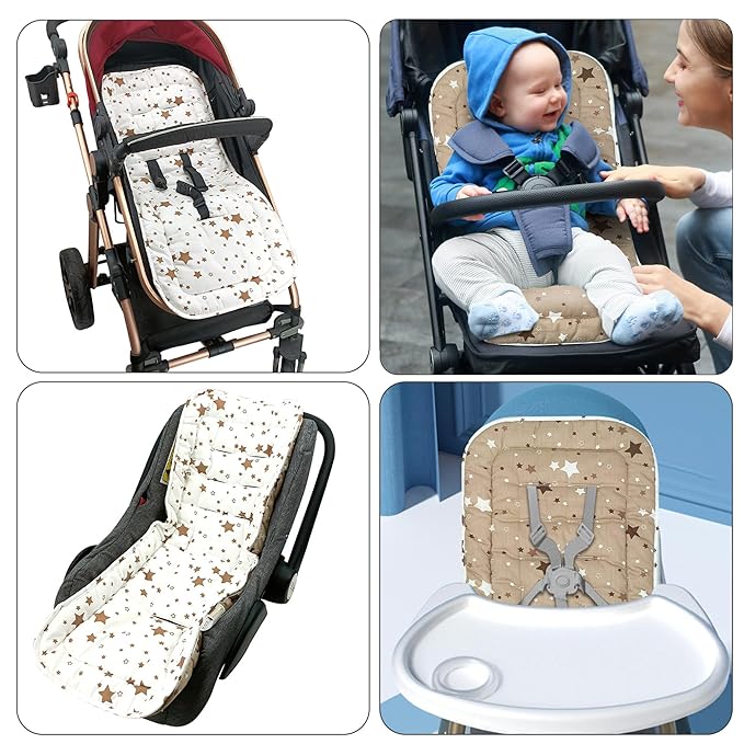 Baby Stroller Cushion,Infant Car Seat Insert-Reversible Universal Breathable and Soft Newborn seat Liner for Stroller,100% Cotton Seat Pad Liner for Newborns-34x78cm,1 Pack(White + Brown Stars)