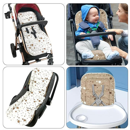 Baby Stroller Cushion,Infant Car Seat Insert-Reversible Universal Breathable and Soft Newborn seat Liner for Stroller,100% Cotton Seat Pad Liner for Newborns-34x78cm,1 Pack(White + Brown Stars)