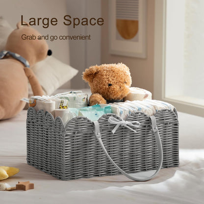 HBlife Baby Diaper Caddy Organizer, Large Portable Scalloped Plastic Wicker Woven Basket with Divider, Nursery Diaper Station, Baby Shower Gifts Basket, Car Organizer, Washable Waterproof
