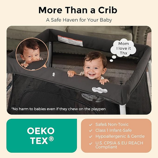 Pamo Babe Travel Crib with Bassinet, Certified Baby Safe Portable Crib, Extra Large Portable Playpen with Mattress & Zipper Door, Lightweight Foldable Pack and Play Baby Travel Bed - Grey