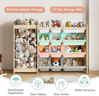 EXPERLAM Kids Toy Storage Organizer, 2-in-1 Stuffed Animal Storage & Toy Organizer w/12 Bins, Solid Wood Toy Rack Featuring Thicker Elastic Ropes to Hold Toys, Playroom Nursery Bedroom Storage, Multi