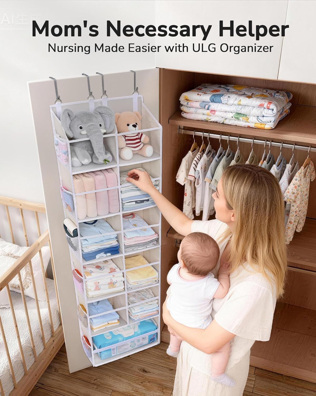 ULG 1 Pack Over Door Organizer with 5 Large and 10 Mesh Side Pockets, 44 lbs Weight Capacity Hanging Storage with Clear Window Kids Toys, Shoes, Diapers, Dark Grey, 5 Layers