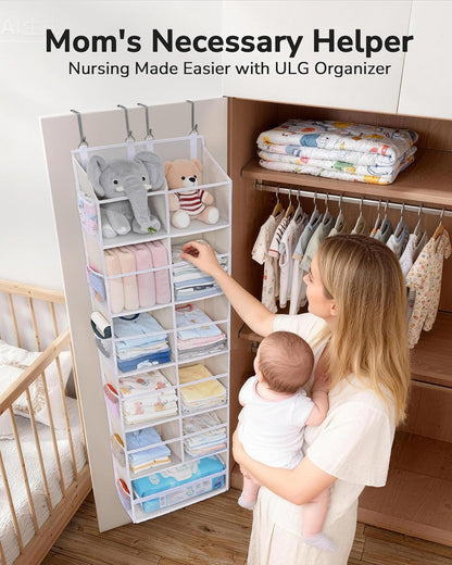 ULG 1 Pack Over Door Organizer with 5 Large and 10 Mesh Side Pockets, 44 lbs Weight Capacity Hanging Storage with Clear Window Kids Toys, Shoes, Diapers, Dark Grey, 5 Layers