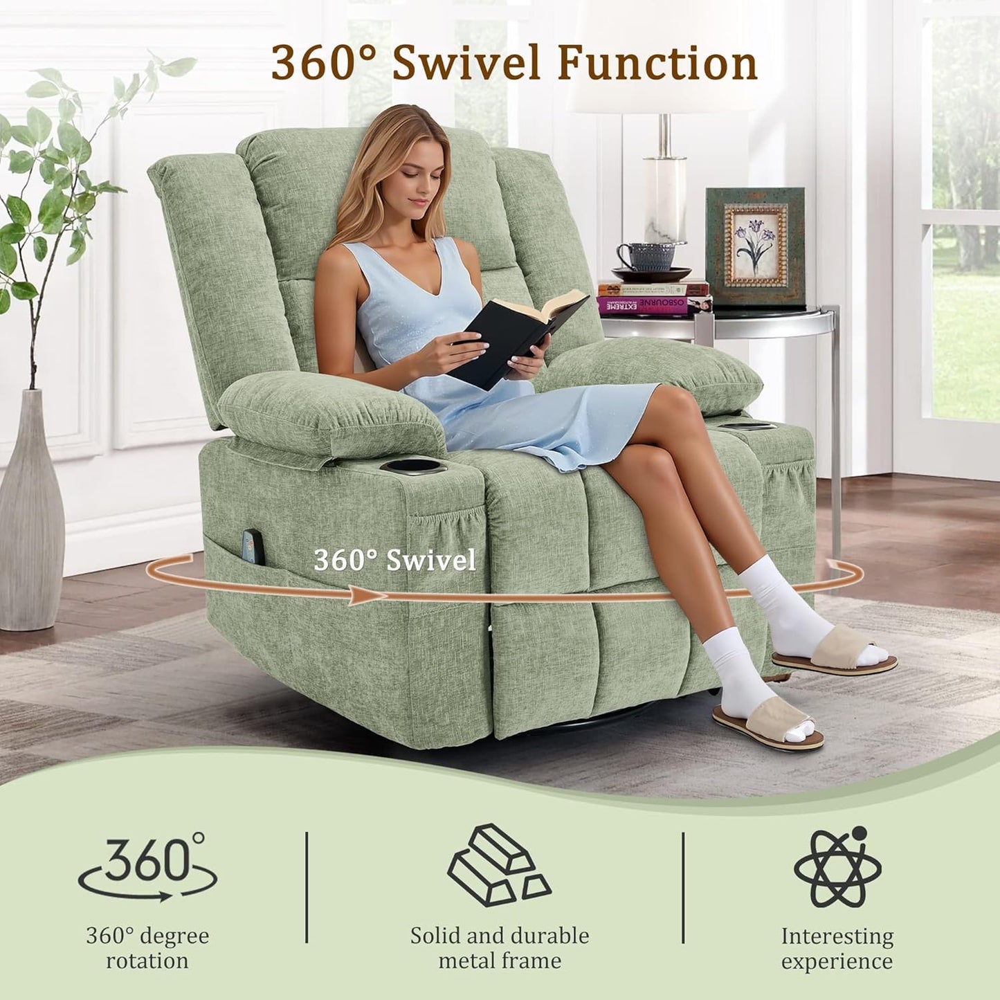 Korser 360° Swivel Rocker Recliner for Adults, Nursery Glider Recliner with Massage and Heating, Rocking Chair with Cup Holder, Manual Recliner Chair for Living Room, Bedroom (Fabric, Beige)