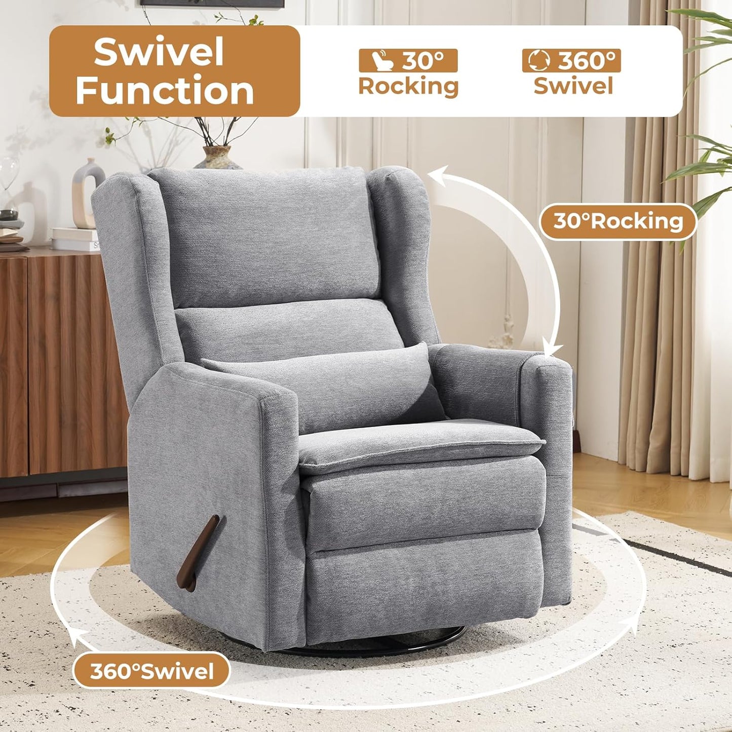 Large Glider Rocker Recliner,Rocking Chair Nursery with Adjustable Headrest,Swivel Rocker Recliner with Lumbar Support,Manual Nursery Rocker Recliner for Living Room& Bedroom,Chenille White