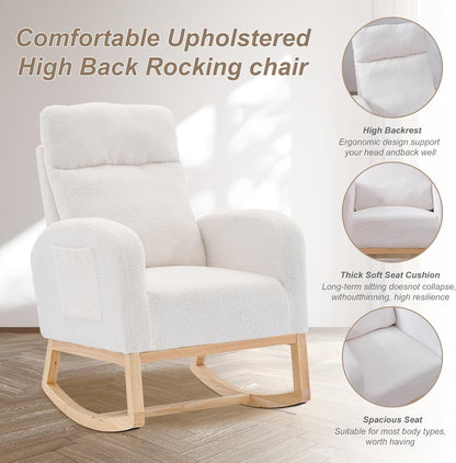Nursery Rocking Chair with Solid Wood Legs, Glider Chair for Nursery with Two Side Pockets, Rocker Armchair for Living Room Bedroom (Ivory White, Teddy Fabric)