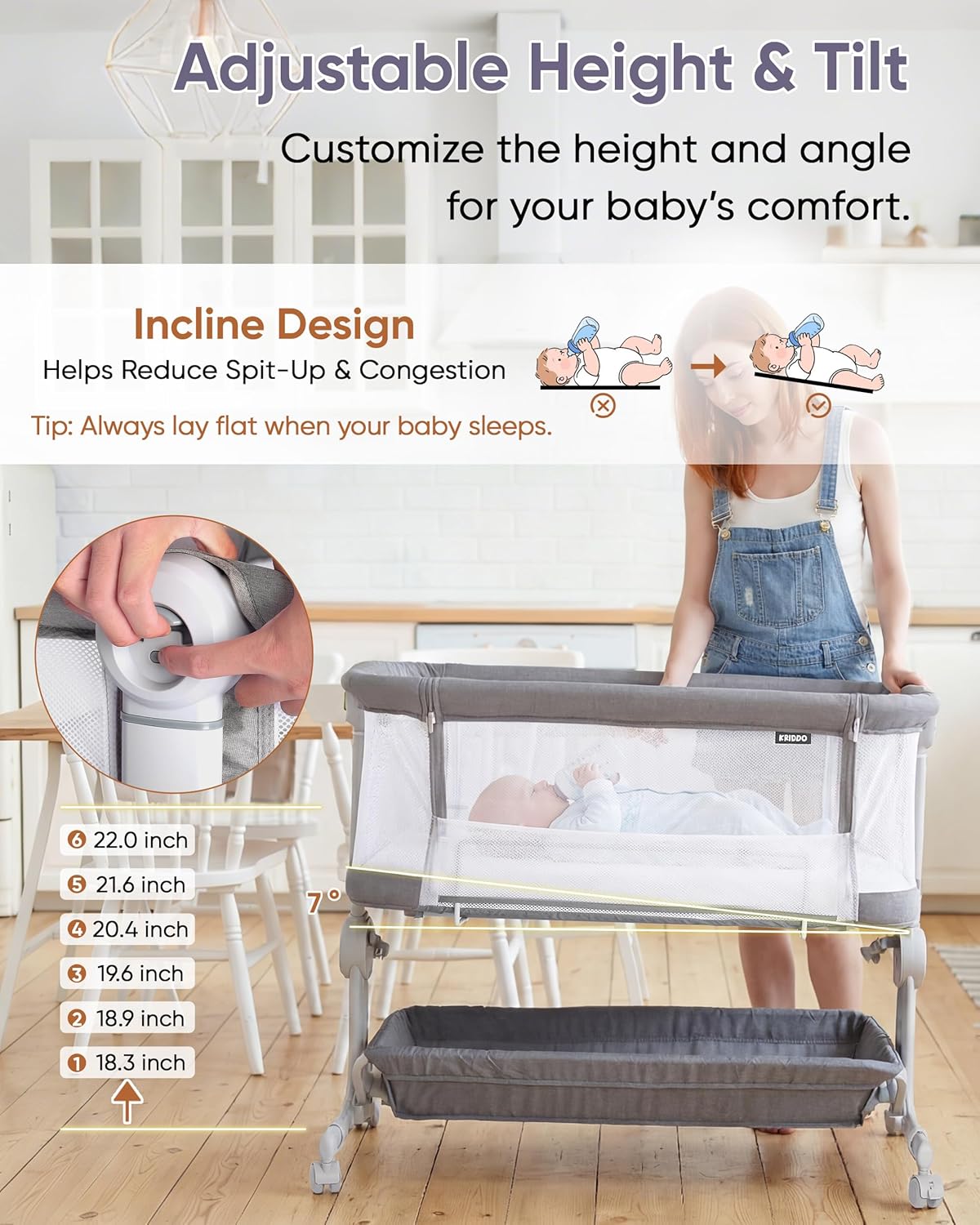 KRIDDO 2-in-1 Baby Bassinet for Infant, Bedside Bassinet with All-around Breathable Mesh, Lockable Wheels, Adjustable Height and Incline, Bedside Sleeper for Baby with Large Storage Basket, Light Grey