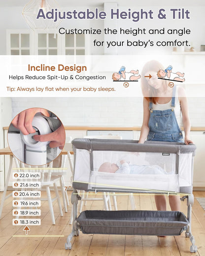 KRIDDO 2-in-1 Baby Bassinet for Infant, Bedside Bassinet with All-around Breathable Mesh, Lockable Wheels, Adjustable Height and Incline, Bedside Sleeper for Baby with Large Storage Basket, Light Grey