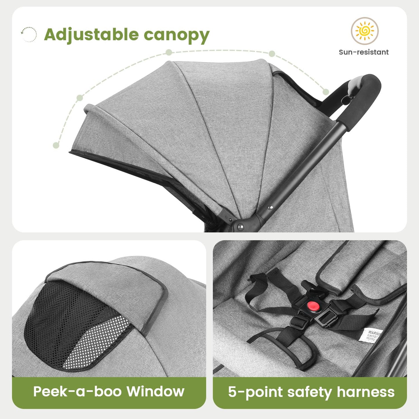 Compact Baby Stroller, Travel Toddler Seat Pushchair with Shock Absorbing Wheels, Foldable Infant Stroller with Canopy, One Button Brake, Convertible Infant Stroller for Toddler (Dark Grey)