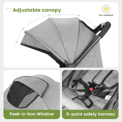 Compact Baby Stroller, Travel Toddler Seat Pushchair with Shock Absorbing Wheels, Foldable Infant Stroller with Canopy, One Button Brake, Convertible Infant Stroller for Toddler (Dark Grey)