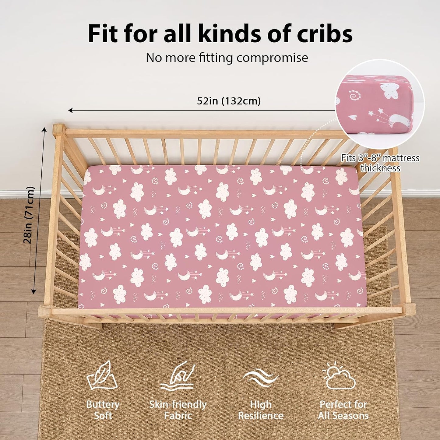 Baby Mini Crib Sheets Girl, Portable 38”x26” Pack and Play Sheets Fitted for Playard and Pack N Play Mattress, 3-Pack Soft Microfiber Pink Rainbow