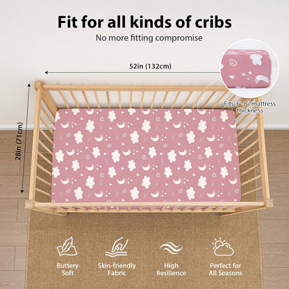Baby Mini Crib Sheets Girl, Portable 38”x26” Pack and Play Sheets Fitted for Playard and Pack N Play Mattress, 3-Pack Soft Microfiber Pink Rainbow