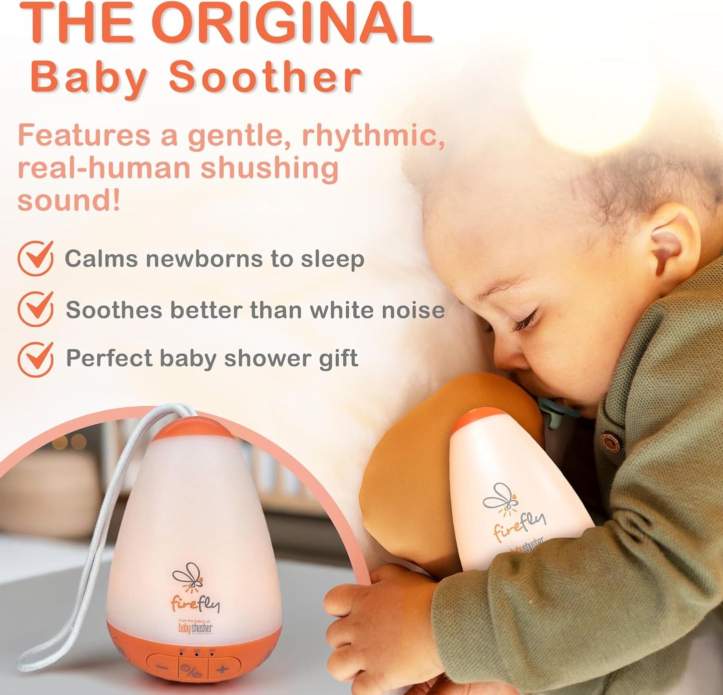 Baby Shusher Firefly Baby Soother for Crying Babies with Nightlight - White Noise Sound Machine, Baby Soother for Sleeping, Newborn Essentials for Crib, USB Rechargeable - 1 Count