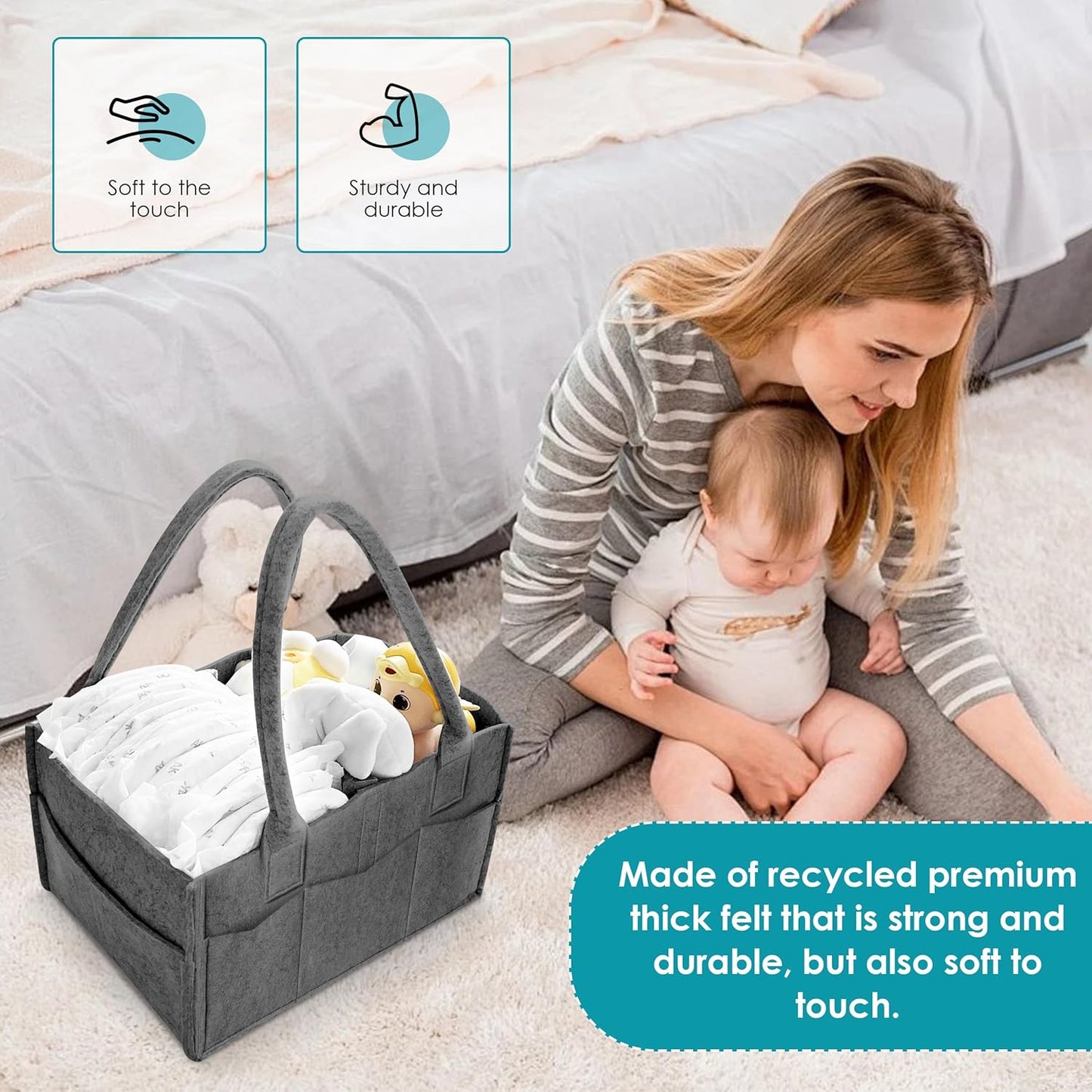 Cute Castle 2 Pack Diaper Caddy Organizer - Portable Baby Caddy Organizer with Handle, Nursery Storage Bin and Car Organizer for Girls, Boys - Baby Gift Basket - Grey
