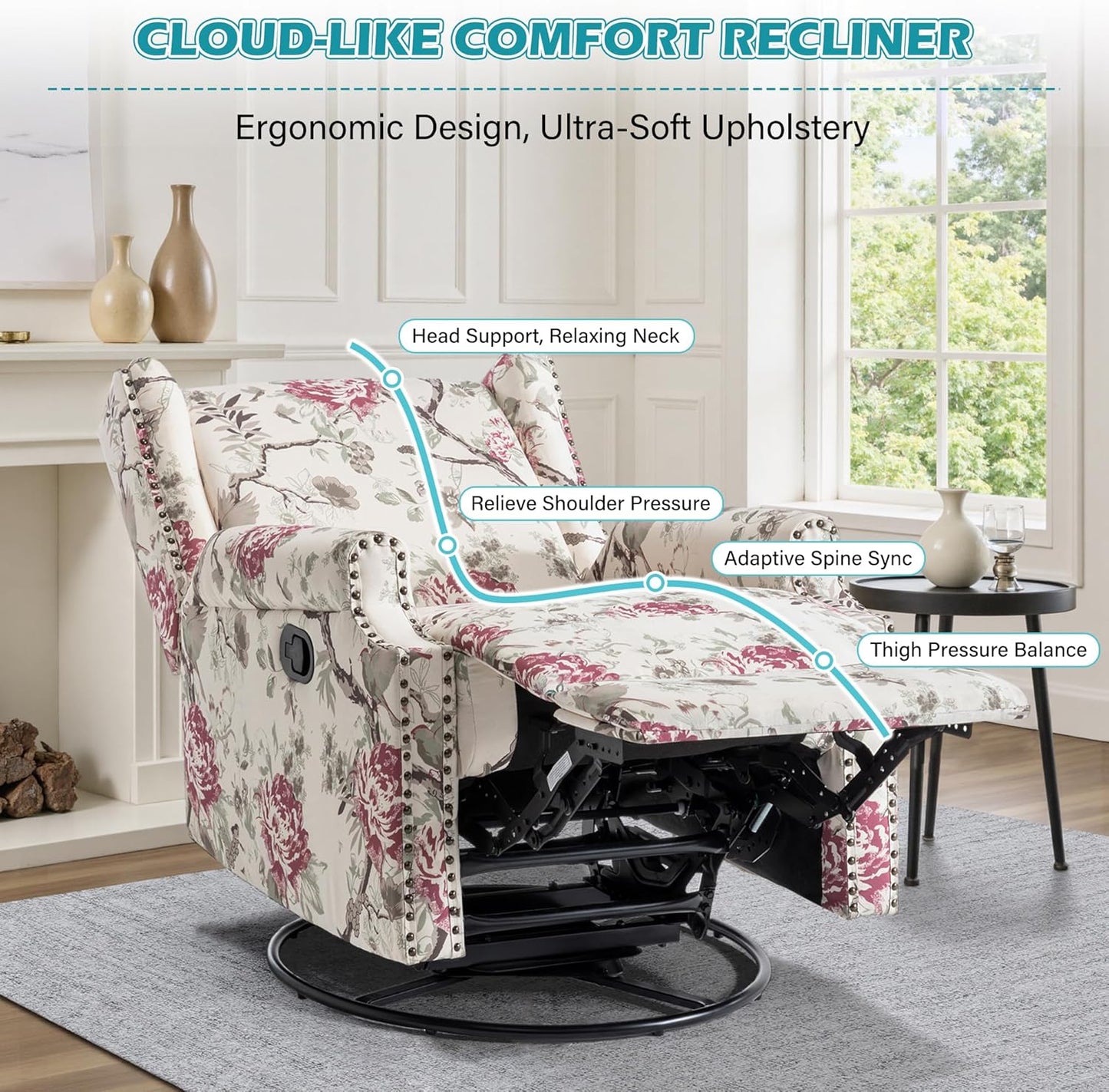 UIXE Swivel Glider Recliner Chair for Adults, High Back Nursery Rocker Floral Upholstered Armchair for Living Room, Manual Reclining Rivet Trim Sofa Lounge with Deep Seat in Fabric - Navy Blue