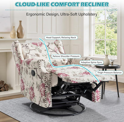 UIXE Swivel Glider Recliner Chair for Adults, High Back Nursery Rocker Floral Upholstered Armchair for Living Room, Manual Reclining Rivet Trim Sofa Lounge with Deep Seat in Fabric - Navy Blue