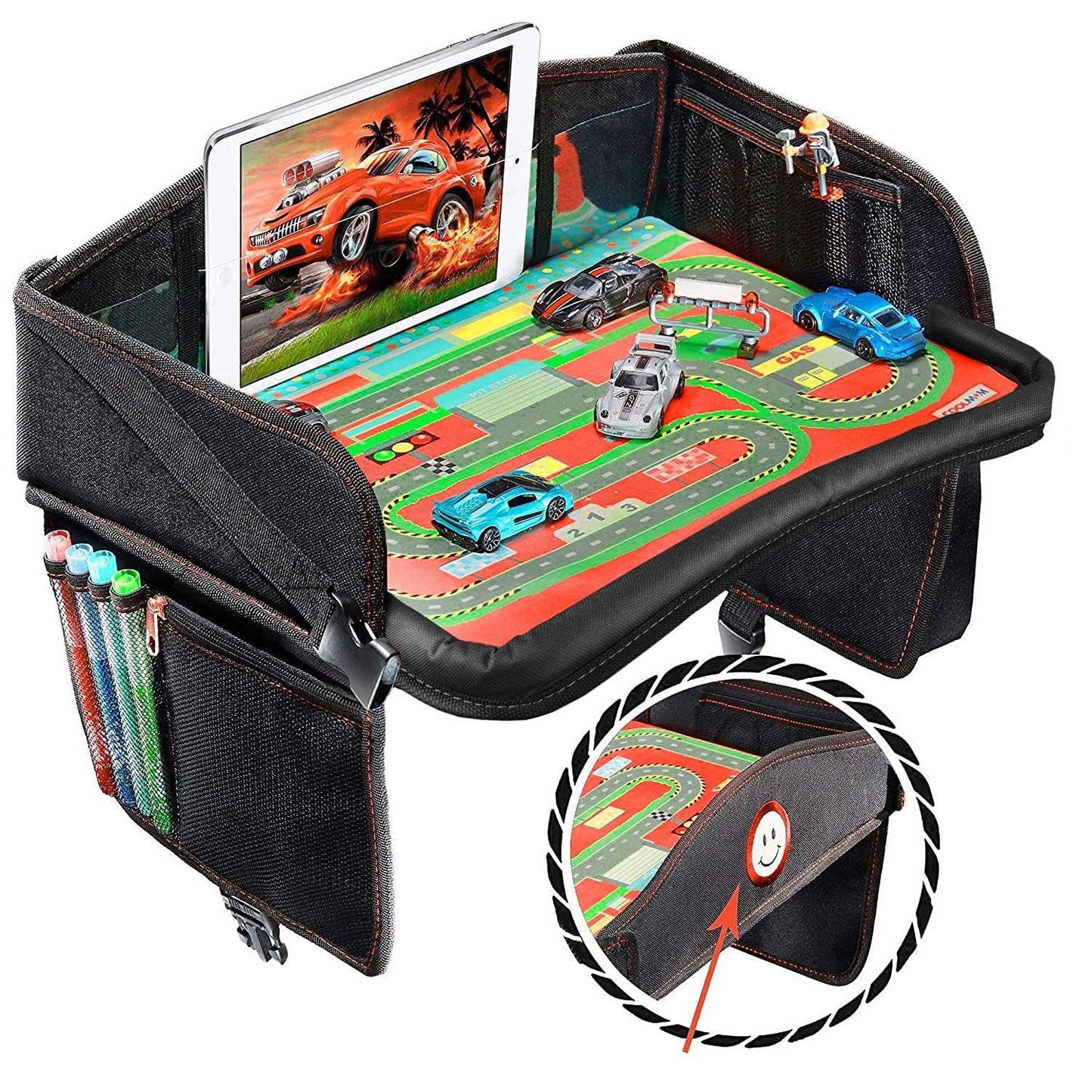 Coolmum Kids Travel Tray, Toddler Car Seat Tray, Double Sided Activity Organizer, Snack Lap Tray, Baby Stroller Table, Airplane Play Table, Waterproof and Foldable (Premium Red)