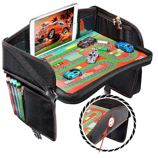 Coolmum Kids Travel Tray, Toddler Car Seat Tray, Double Sided Activity Organizer, Snack Lap Tray, Baby Stroller Table, Airplane Play Table, Waterproof and Foldable (Premium Red)