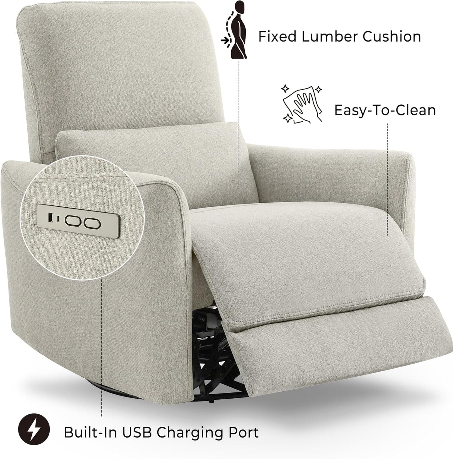 CHITA Power Recliner Chair Swivel Glider, FSC Certified Upholstered Living Room Nursery Reclining Sofa Chair with Lumbar Support, Linen