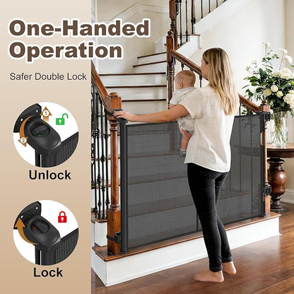 Upgraded Retractable Baby Gates for Stairs & Banister, Mesh Dog Gate Indoor, Extends to 55" Wide 33" Tall, Child Safety Gate for Stairway, Banister & Wall Mount (Black)