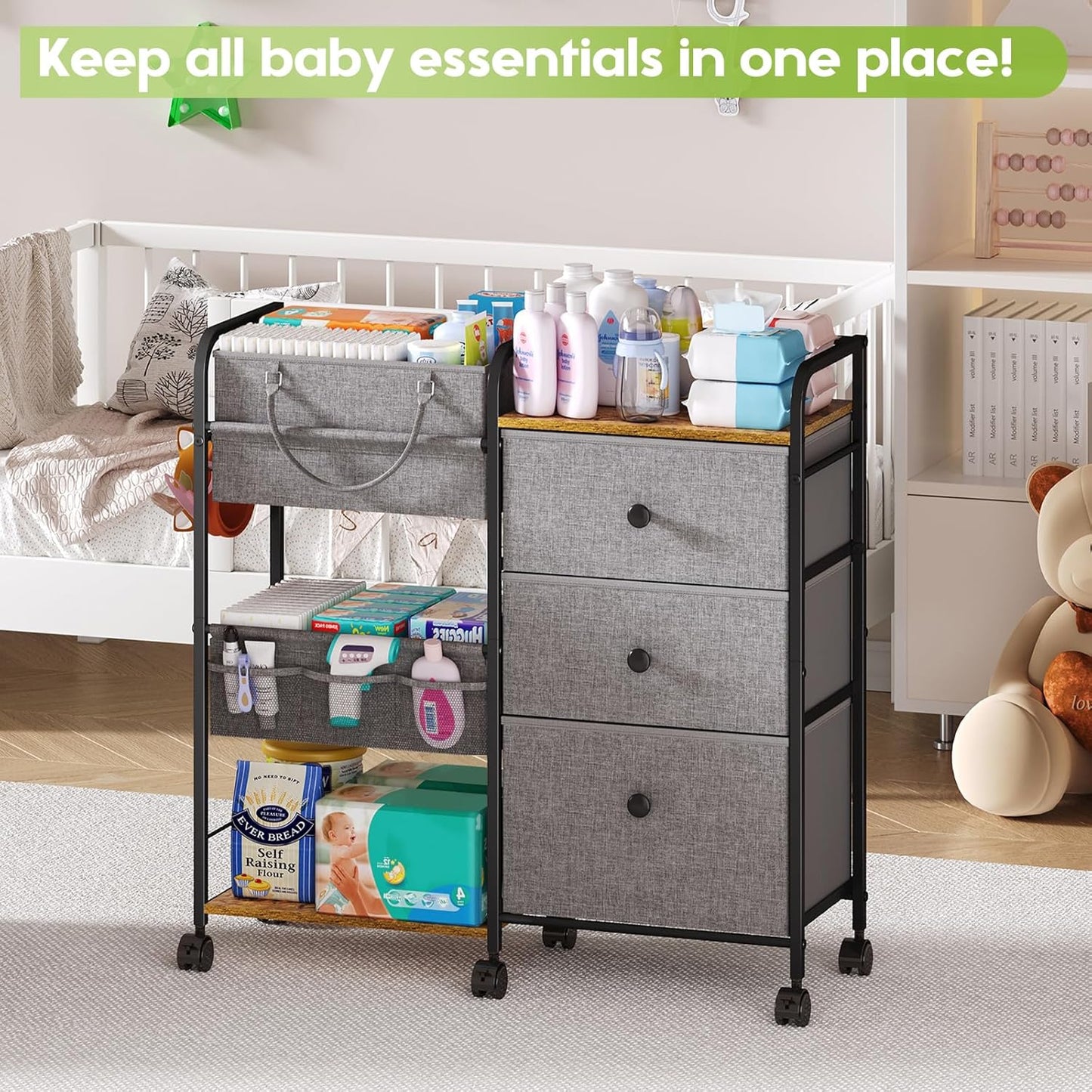 Cidaziya 2In1 Baby Diaper Caddy Organizer and Storage, 3 Tier Rolling Cart with Drawer, Mobile Utility Cart Baby Dresser Clothes Organizer for Crib, Art & Craft Storage, White, 17"W x 11.42"D x 33.5"H