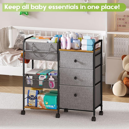Cidaziya 2In1 Baby Diaper Caddy Organizer and Storage, 3 Tier Rolling Cart with Drawer, Mobile Utility Cart Baby Dresser Clothes Organizer for Crib, Art & Craft Storage, White, 17"W x 11.42"D x 33.5"H