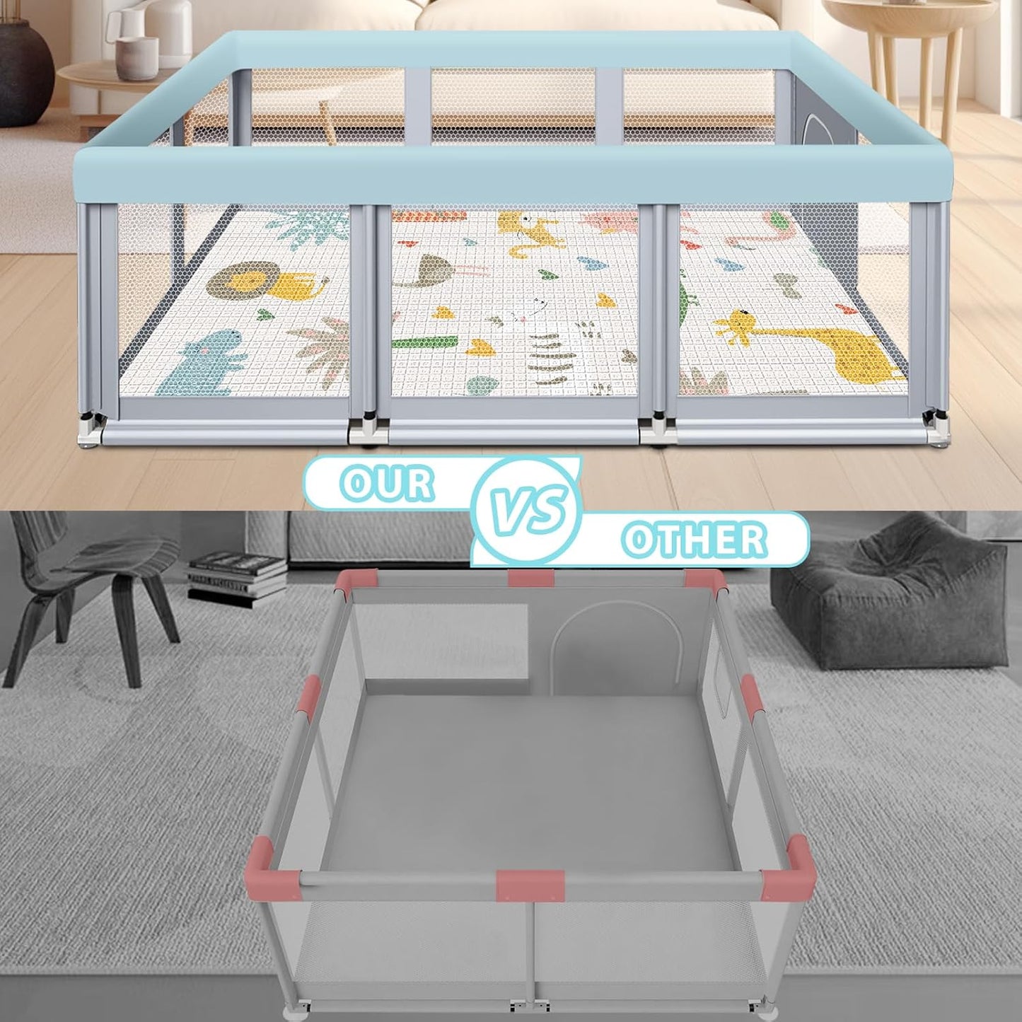 Fshibila 74" ×50" Large Baby Playpen, Baby Playard for Babies and Toddlers, Baby Fence Play Pens for Indoor & Outdoor, Sturdy Safety Play Yard with Soft Breathable Mesh, Anti-Fall, Grey