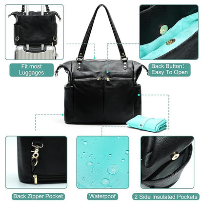 MOMINSIDE Diaper Bag Tote, Leather Diaper Bag Backpack with 13 Pockets, Convertible Baby Bag for Boys Girls, Baby Registry, Changing Pad, Large 4 Insulated Pockets(Black)