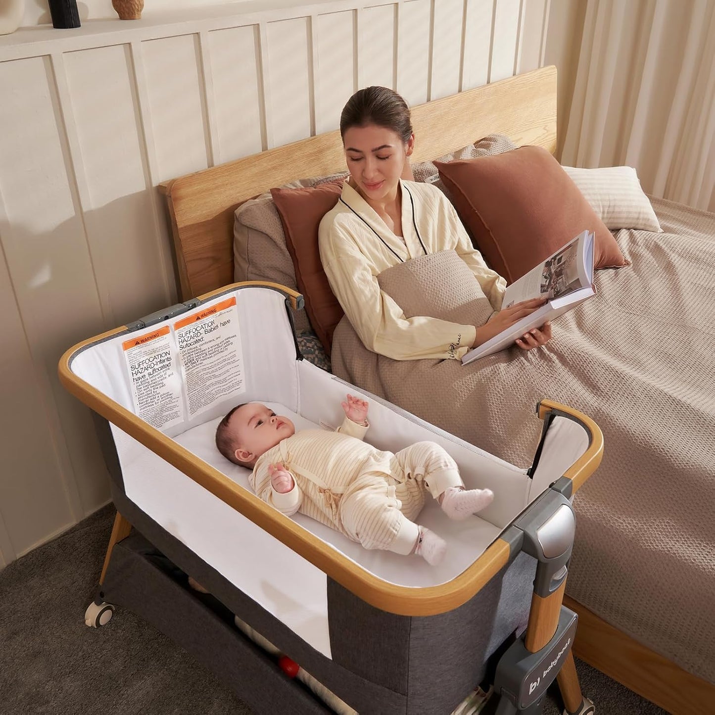babyboat Baby Bassinet Bedside Sleeper 3 in 1 Collapsible Portable Crib with Storage Basket, Movable Wheels 5 Height Adjustable Co-Sleeper for Newborns - Grey | Soft Mattress, Collapsible Portable